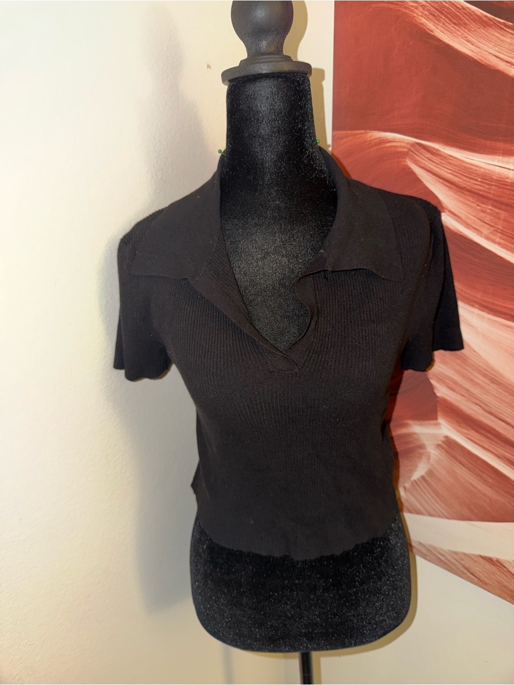 Forever 21 Black Ribbed Open-Collar Short Sleeve Top